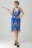 Sparkly Royal Blue Sequins Fringe 1920s Dress with 5-Piece Accessories Set