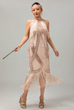 Champagne Sequin Halter Fringe 1920s Dress with 5-Piece Accessories Set