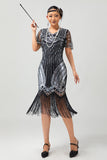 Black Silver Sequin V Neck Fringe 1920s Dress with 5-Piece Accessories Set
