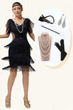 Black V Neck Bodycon Tiered Fringed Sequin 1920s Dress With 5-Piece Accessories Set