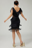 Black V Neck Bodycon Tiered Fringed Sequin 1920s Dress With 5-Piece Accessories Set
