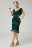 Dark Green Sequin Bodycon Tiered Fringed 1920s Dress with With 5-Piece Accessories Set