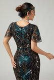 Black Blue Sequin Bodycon Fringed 1920s Dress with with 5-Piece Accessories Set