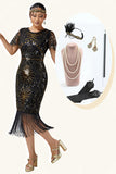 Black Golden Bodycon Fringed Sequin 1920s Dress With 5-Piece Accessories Set