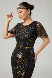 Black Golden Bodycon Fringed Sequin 1920s Dress With 5-Piece Accessories Set