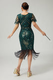 Bodycon Sequin Dark Green Fringed 1920s Dress With 5-Piece Accessories Set