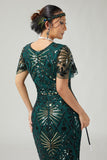 Bodycon Sequin Dark Green Fringed 1920s Dress With 5-Piece Accessories Set