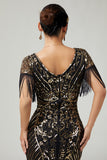 V Neck Bodycon Black Golden Sequin Fringed 1920s Dress with 5-Piece Accessories Set