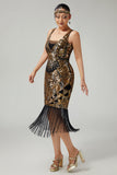 Black Golden Sequin Bodycon Fringed 1920s Dress With 5-Piece Accessories Set