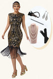 Sparkly Black Golden Bodycon Fringed 1920s Dress With 5-Piece Accessories Set