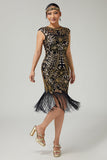 Sparkly Black Golden Bodycon Fringed 1920s Dress With 5-Piece Accessories Set