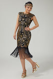 Sparkly Black Golden Bodycon Fringed 1920s Dress With 5-Piece Accessories Set