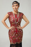 Red Golden Sequins Bodycon Fringed 1920s Dress With 5-Piece Accessories Set