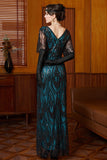 Sparkly Black Blue Sheath V-Neck Sequins Long 1920s Dress With 4-Piece Accessories Set