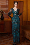 Sparkly Black Blue Sheath V-Neck Sequins Long 1920s Dress With 4-Piece Accessories Set