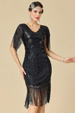 Black V-Neck Sheath Beaded Sequins Fringed Midi 1920s Dress With 5-Piece Accessories Set