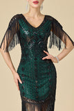 V-Neck Black Green Bodycon Sequins Beaded Fringed Midi 1920s Dress With 4-Piece Accessories Set