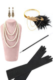 Black Golden Spaghetti Straps Sequins Fringed High Low 1920s Dress With 5-Piece Accessories Set
