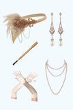 White Golden Spaghetti Straps Sequins Bodycon Fringed 1920s Dress With 5-Piece Accessories Set