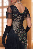 Black V-Neck Sequins Bodycon Midi 1920s Dress With 5-Piece Accessories Set
