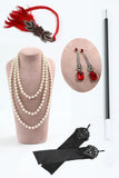 Black Red Round Neck Sequins Bodycon Fringed Midi 1920s Dress With 5-Piece Accessories Set