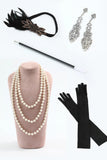Black Beaded Bodycon V-Neck Fringed 1920s Dress With 5-Piece Accessories Set