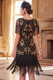 Black Golden Round Neck Fringed Sequins Bodycon 1920s Dress With 5-Piece Accessories Set