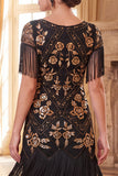 Black Golden Round Neck Fringed Sequins Bodycon 1920s Dress With 5-Piece Accessories Set