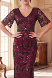 Burgundy Sheath Sequins V-Neck 1920s Dress With 5-Piece Accessories Set