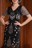 Black Silver V-Neck Bodycon Sequins Fringed 1920s Dress With 5-Piece Accessories Set