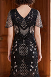 Black Silver V-Neck Bodycon Sequins Fringed 1920s Dress With 5-Piece Accessories Set