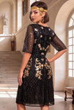 Black Golden Round Neck Sequins A-Line Half Sleeves 1920s Dress With 4-Piece Accessories Set