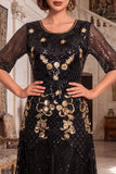 Black Golden Round Neck Sequins A-Line Half Sleeves 1920s Dress With 4-Piece Accessories Set