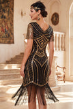 Black Golden V-Neck Sequins Fringed Bodycon Midi 1920s Dress With 4-Piece Accessories Set