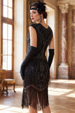 Black Round Neck Sequins Beaded Fringed Midi 1920s Dress With 5-Piece Accessories Set