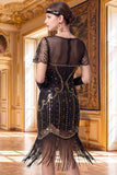 Black Golden V-Neck Sequins Bodycon Fringed Midi 1920s Dress With 4-Piece Accessories Set