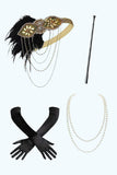 Black Golden V-Neck Sequins Bodycon Fringed Midi 1920s Dress With 4-Piece Accessories Set