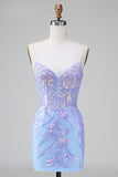 Sparkly Lilac Blue Corset Open Back Sequins Short Homecoming Dress with Embroidery