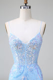 Blue Sequins Corset Open Back Short Homecoming Dress with Embroidery