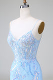 Blue Sequins Corset Open Back Short Homecoming Dress with Embroidery