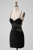 Black Bodycon Spaghetti Straps Corset Homecoming Dress with Beading