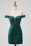 Sparkly Dark Green Off The Shoulder Tight Short Homecoming Dress with Sequins