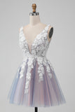 Elegant Grey Pink A Line V Neck Flowers Short Homecoming Dress with Pearl