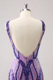 Sparkly Dark Purple Sequined Tight V Neck Homecoming Dress