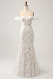 White Mermaid Off the Shoulder Sweep Train Bridal Dress with Applique Lace