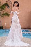 White Mermaid Off the Shoulder Sweep Train Bridal Dress with Applique Lace