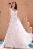 White A Line Sweetheart Sweep Train Corset Ruffle Wedding Dress with Applique Lace