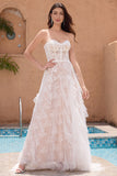 White A Line Sweetheart Sweep Train Corset Ruffle Wedding Dress with Applique Lace