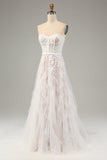 White A Line Sweetheart Sweep Train Corset Wedding Dress with Applique Lace