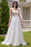 Princess White A-Line Lace Up Tulle Corset Bridal Dress with Appliques Lace